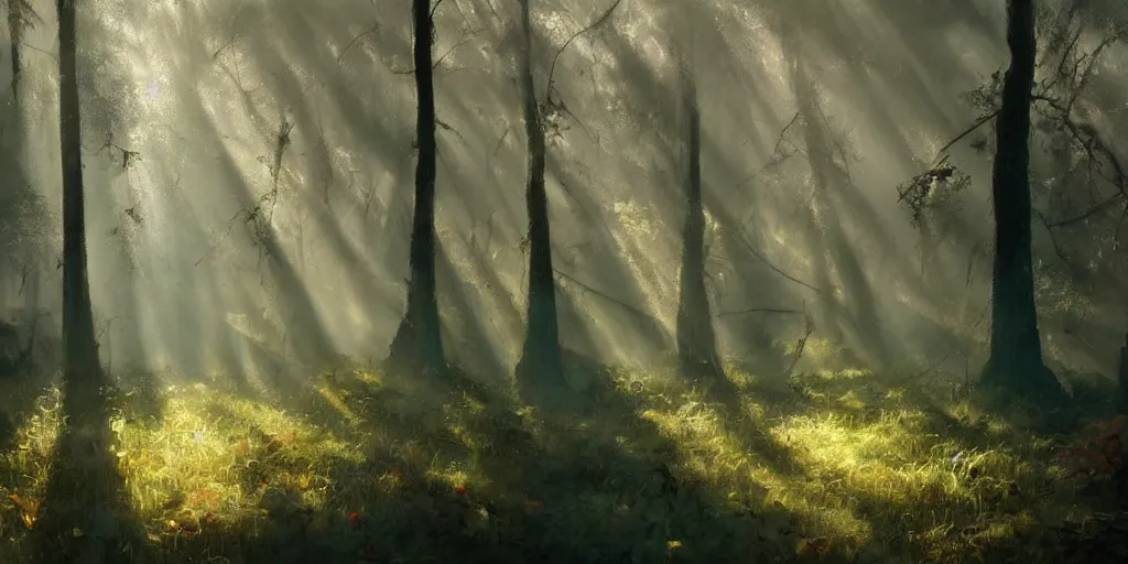 Image similar to A Craig Mullins oil painting of a hauntingly beautiful forest in the morning with straight vertical trees; rays of light coming through the canopy; trending on artstation; extraordinary masterpiece!!!!!!; 8k