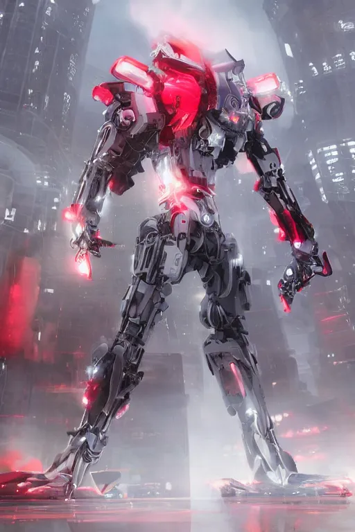 Image similar to professional photograph of a beautiful neo - futuristic simplified symmetrical mechangel mech and monolith by ilm, denis villeneuve, emmanuel shiu, zaha hadid, vapor, cinematic architectural scale, red paint detail, manga, dramatic, volumetric, concept art, hard surface, hyperrealism, high detail, trending on artstation, sharp focus, rendered in octane