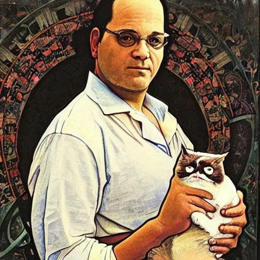 Image similar to “ portrait of george costanza from seinfeld holding grumpy cat, art nouveau, by alphonse mucha ”