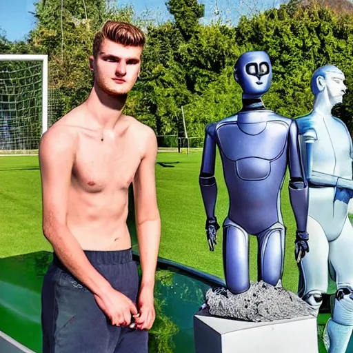 Image similar to a realistic detailed photo of a guy who is an attractive humanoid who is half robot and half humanoid, who is a male android, soccer player timo werner, shiny skin, posing like a statue, blank stare, by the pool, on display, showing off his muscles, humanoid robot, frozen ice statue, made of ice