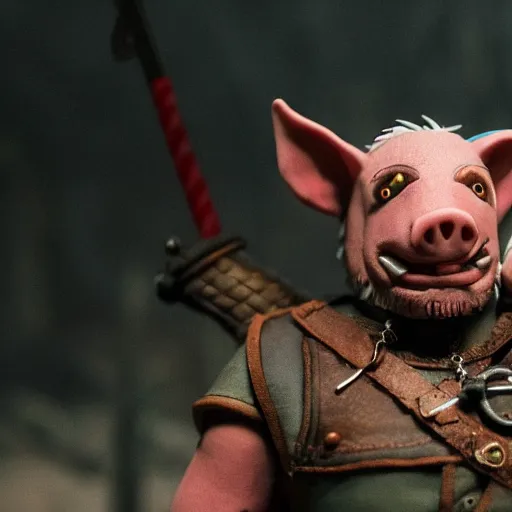 Image similar to witcher riding on pig, claymation, cinematic, 8 k,