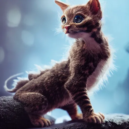 Image similar to full body pose, hyperrealistic photograph of a cute dragon kitten, dim volumetric lighting, 8 k, octane beautifully detailed render, extremely hyper detailed, intricate, epic composition, cinematic lighting, masterpiece, trending on artstation, very very detailed, stunning, hdr, smooth, sharp focus, high resolution, award, winning photo, dslr, 5 0 mm