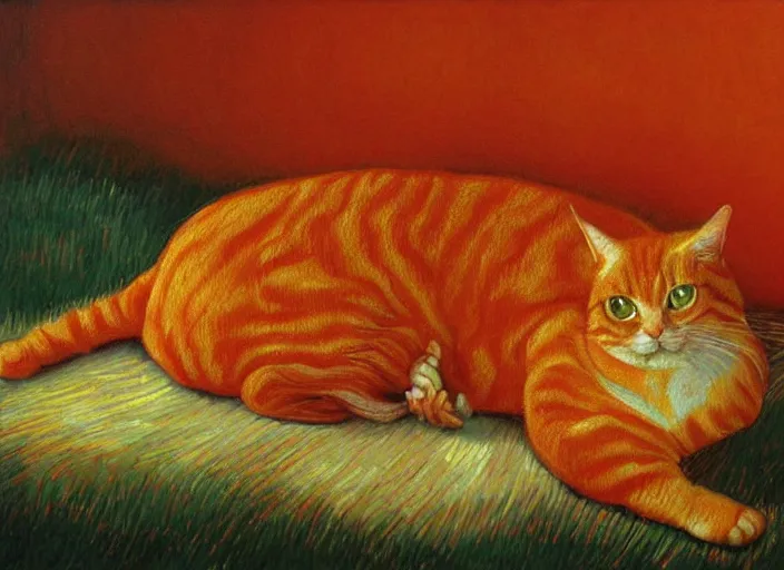 Image similar to detailed realistic realism painting of lasagna that looks like an orange tabby cat, at dusk, in the style of vincent van gogh and salvador dali and leonardo da vinci