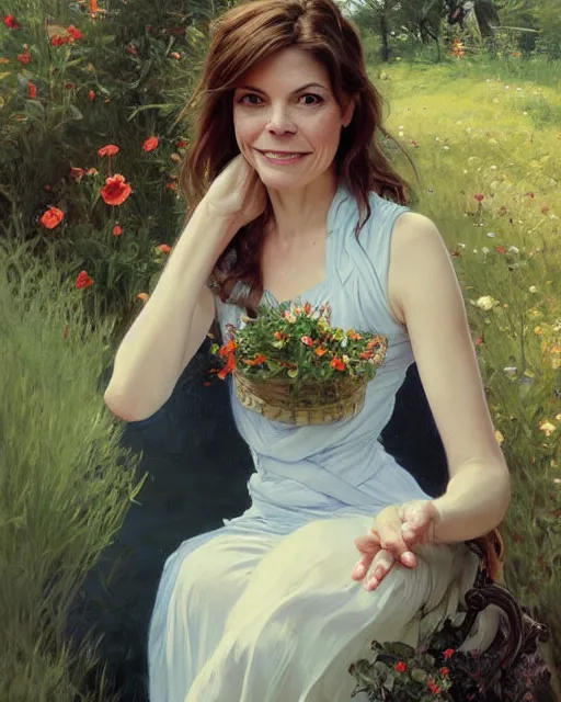 Prompt: a portrait painting of nicole de boer / maren jansen / sabrina lloyd hybrid oil painting, gentle expression, smiling, elegant clothing, scenic background, extremely detailed and lifelike, artgerm, greg rutkowski, alphonse mucha, vladimir volegov, adolphe bouguereaum, greg hildebrandt