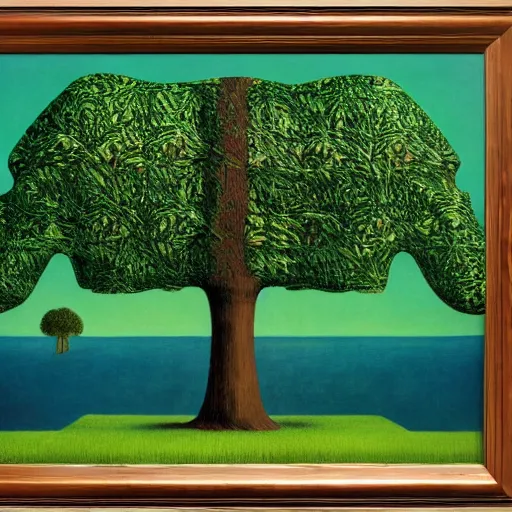 Image similar to tree elephant hybrid, the metaphor for life, by rene magritte