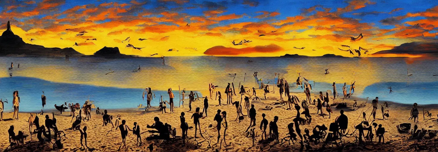 Image similar to People in beach by Salvador Dali and Bob Ross collaboration, mural, sun set, digital art, high details