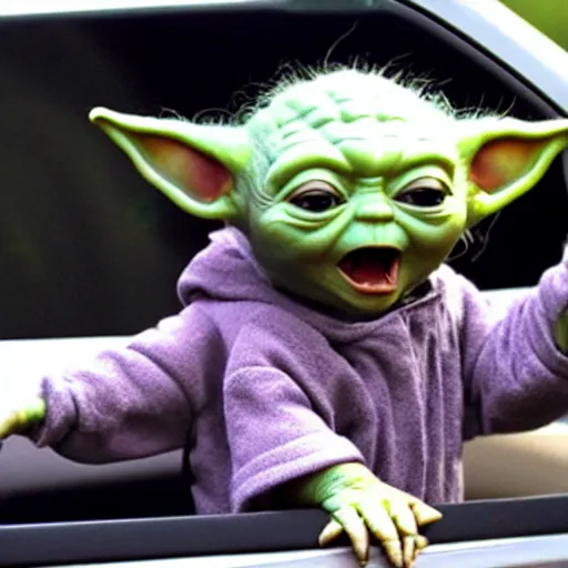 Image similar to screaming baby yoda hanging out of car window at drive thru ordering menu