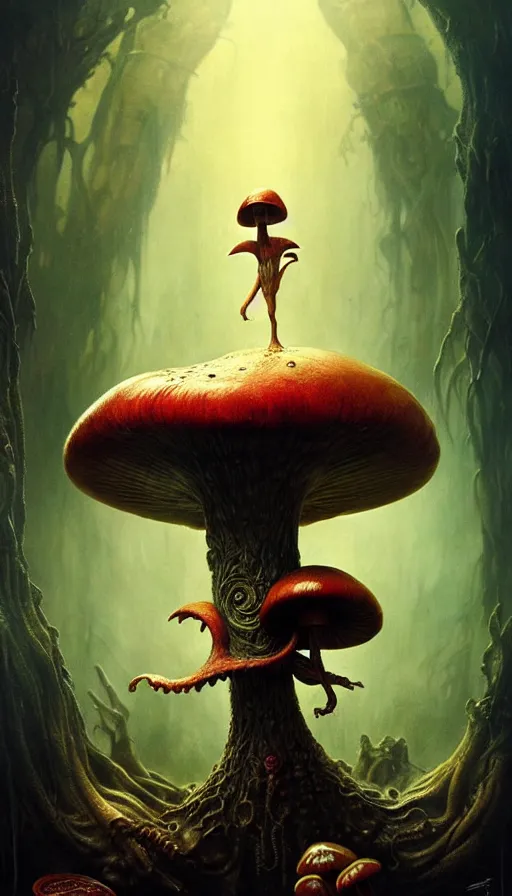 Prompt: exquisite imaginative imposing weird creature movie poster art humanoid hype realistic mushroom movie art by : : weta studio tom bagshaw james jean frank frazetta