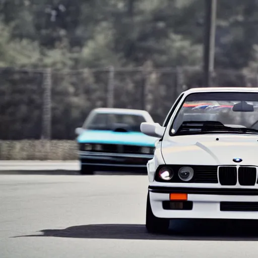 Image similar to a rolling shot of a modified bmw e 3 0 with lights on, on a street race track, motion blur, 3 5 mm photography, car photography, clean lines, realistic