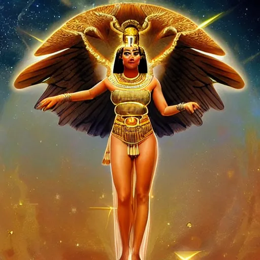 Prompt: high priestess channeling the Egyptian goddess Isis, radiant, joyful, loving, backlit, standing in a cosmic crystal temple surrounded by stars, digital art by frank frazetta, trending on artstation