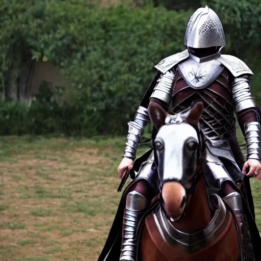 Image similar to a photo of Matthew Mercer wearing templar knight armor riding a horse into battle