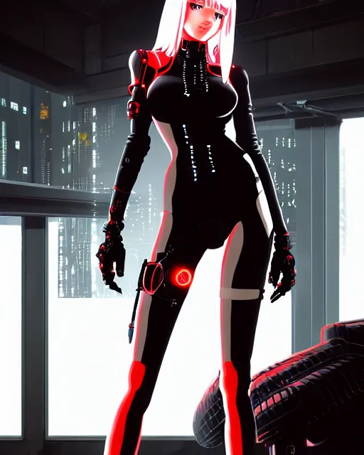 Image similar to a detailed potrait of a cyberpunk cyborg girl with black and red parts, perfect face, realistic shaded perfect face, detailed. night setting. very anime style. realistic shaded lighting poster by ilya kuvshinov katsuhiro, unreal engine, global illumination, radiant light, detailed and intricate environment, full length and white stockings