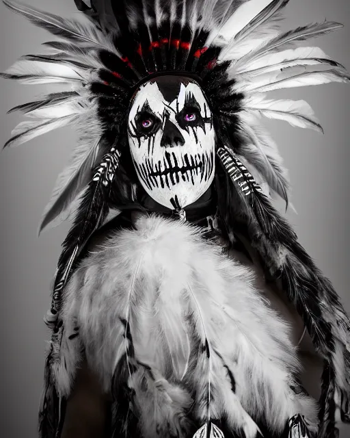 Image similar to the ghost - spirit of the grim - warpaint wears the scarlet skull armor and native blood headdress feathers, midnight fog - mist!, cinematic lighting, various refining methods, micro macro autofocus, ultra definition, award winning photo