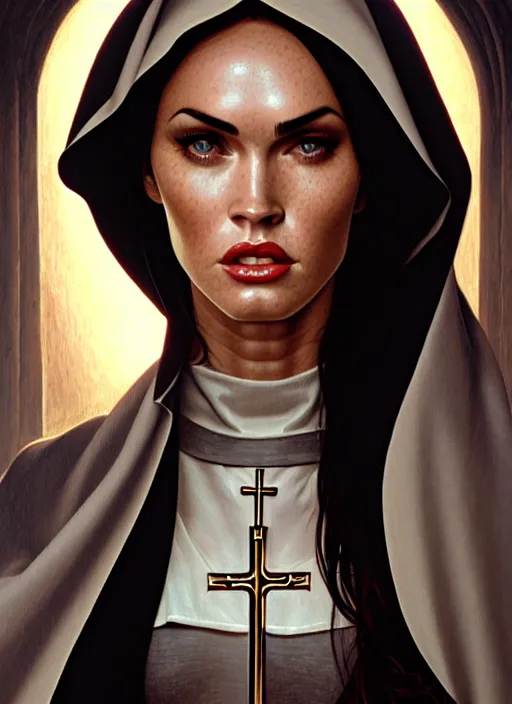 Prompt: portrait of megan fox as a nun with vampire bitemarks, catholic, church, bible, christian, intricate, headshot, highly detailed, digital painting, artstation, concept art, sharp focus, cinematic lighting, illustration, art by artgerm and greg rutkowski, alphonse mucha, cgsociety