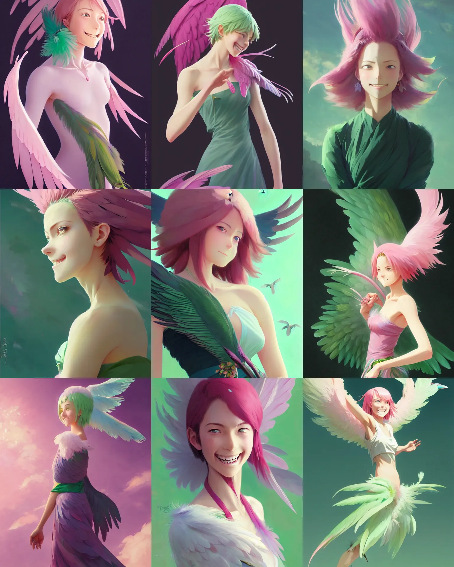 Prompt: smiling young woman with wings, medium length pink hair, green feathers on arms, detailed perfect face, exquisite details, mid view, design on a black background, by studio muti, greg rutkowski makoto shinkai takashi takeuchi studio ghibli