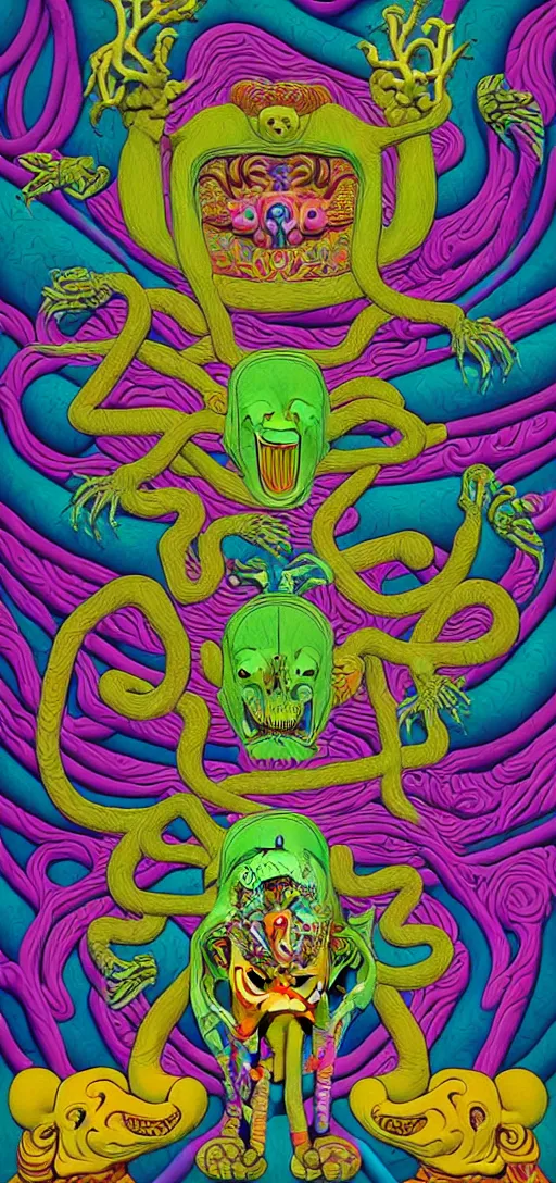 Image similar to dmt creature portraits in the style of kaws, victo ngai, lisa frank, francis goya, basil wolverton, roy litchenstein, mc escher style