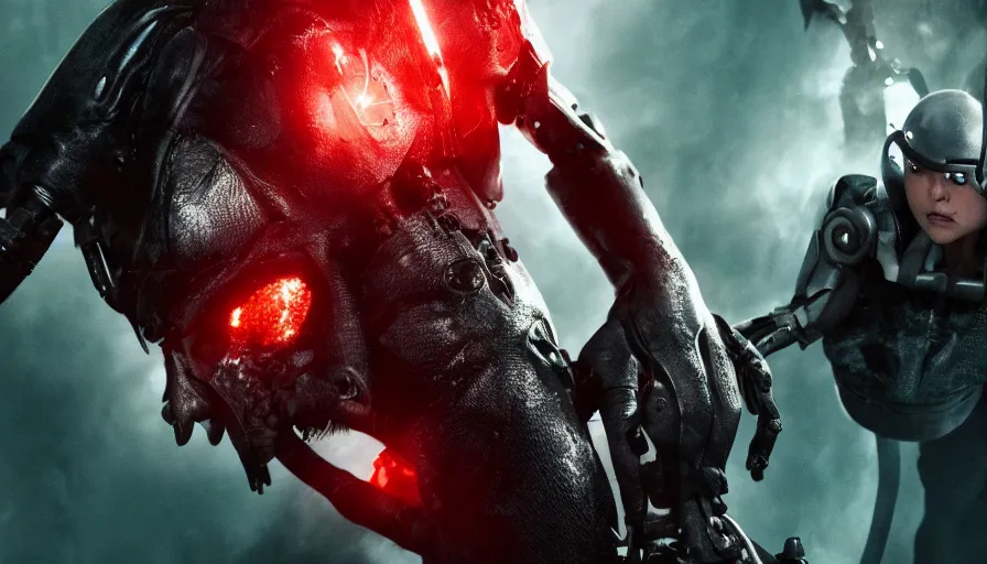 Image similar to Big budget movie about a cyborg demon fighting minoton