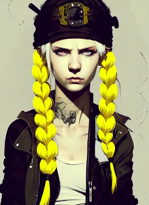 Image similar to highly detailed closeup portrait of a sewer punk pretty swedish female road warrior student, tartan garment, blonde hair pigtails with headband by atey ghailan, by greg rutkowski, by greg tocchini, by james gilleard, by joe fenton, by kaethe butcher, gradient yellow, black, brown and white color scheme, grunge aesthetic!!! white graffiti tag wall background