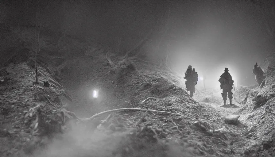 Image similar to ghosts of dead World War 1 soldiers patrolling abandoned trenches, cinematic lighting, IMAX cinematography, 35mm