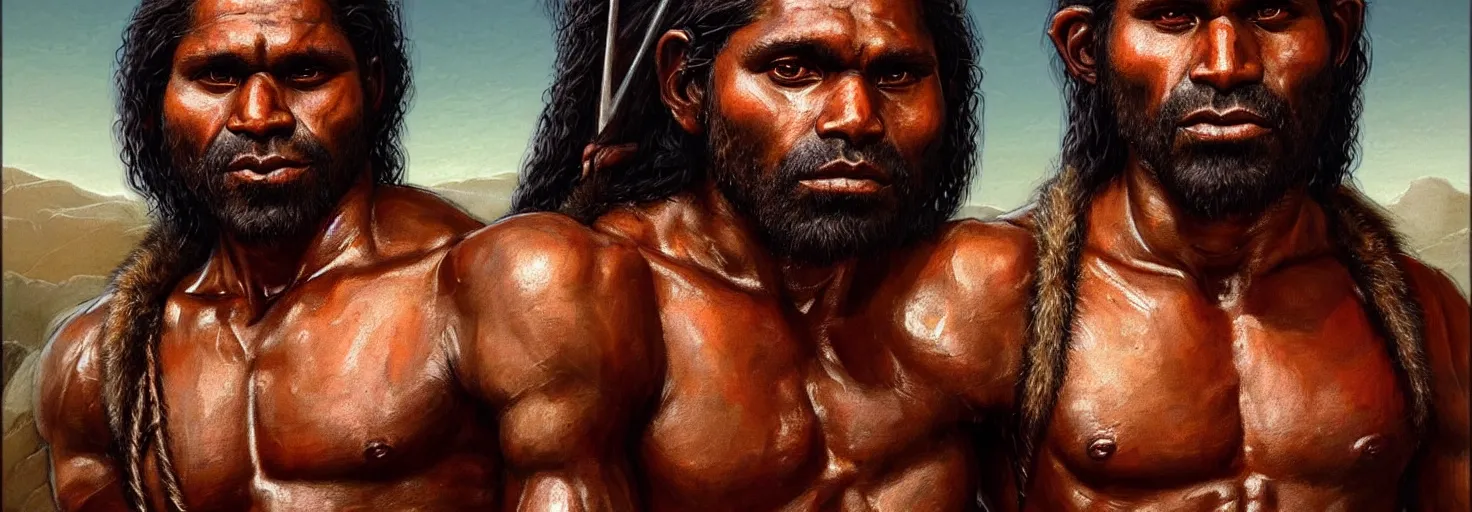 Image similar to renaissance upper body portrait of a gruff ranger with a spear, Australian Aborigine Aboriginal Indigenous Australian Koori Murri Nyoongah, lean and toned, handsome face, hairy chest, D&D, intricate, elegant, highly detailed, digital painting, artstation, concept art, matte, sharp focus, illustration, art by da Vinci, Artgerm and Greg Rutkowski and Alphonse Mucha