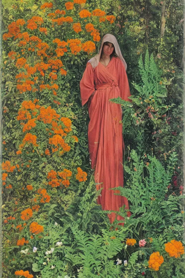 Image similar to a beautiful greek woman in robes, in a garden full of ferns, marigold flowers by michael dudash