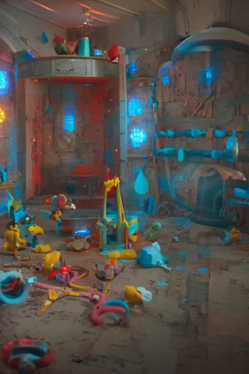 Image similar to render of fisher price torture dungeon with plastic torture devises, long shot, cinematography by wes anderson, 4 k octane render, intricate detail, photorealistic, cinematic lighting, artstation