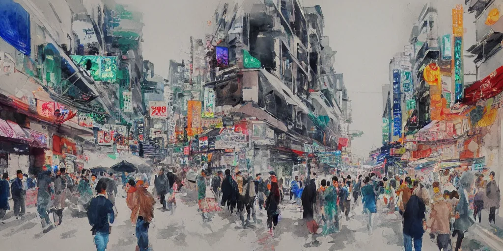 Image similar to streets of hongdae, hangeul, photorealism, spring, wide shot, water color painting, blurry, brush strokes by Lim Eung-Sik