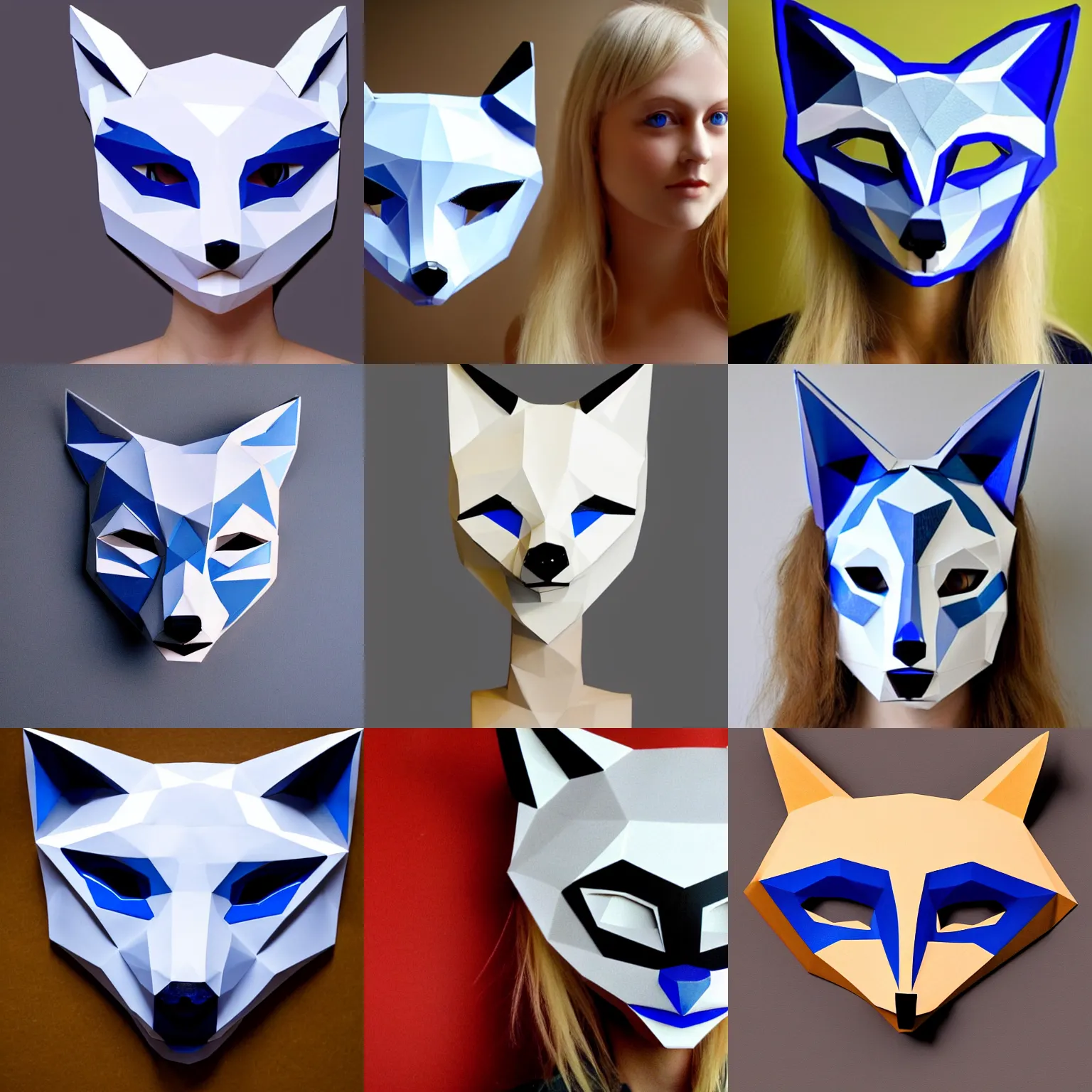 Prompt: a young blue-eyed blonde woman, she is wearing a lowpoly fox mask made of pristine transparent glass,looking sideways seductively