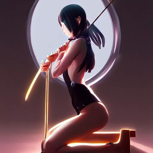 Prompt: digital anime art, a japanese woman holding a metal spiked club kneeling for an altar wlop, ilya kuvshinov, artgerm, krenz cushart, greg rutkowski