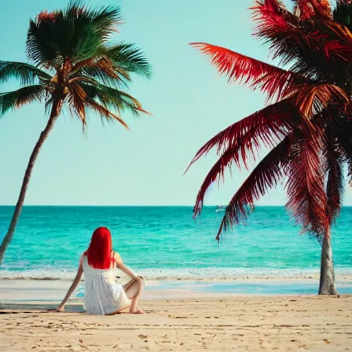 Image similar to red haired girl on beach with a palm tree