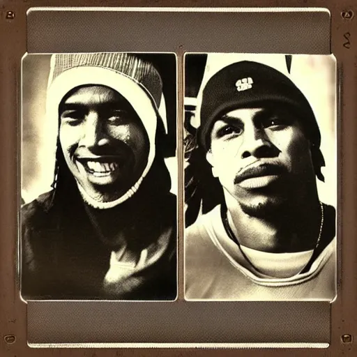 Image similar to polaroid picture, sepia, ronaldinho gaucho and homeless manu chao in a paraguayan prison, perfect face, symmetrical face, fine details, day setting, ethereal, trending on artstation