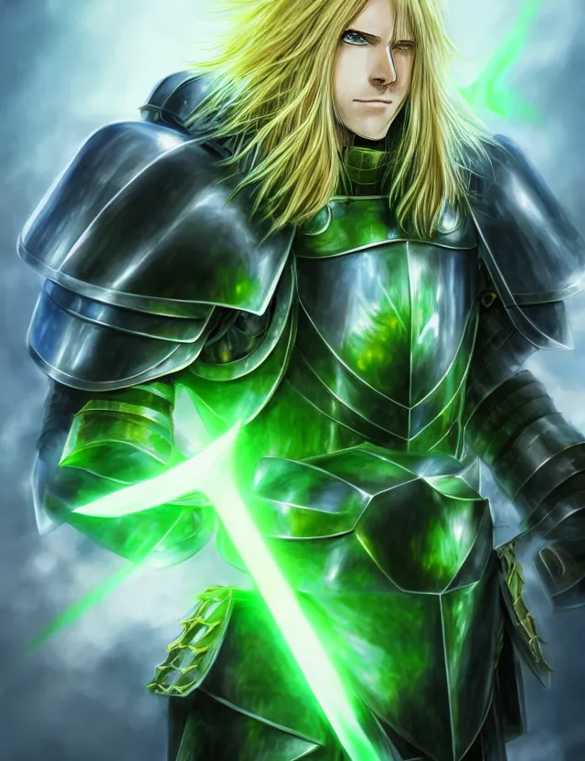 Image similar to an excellent anime portrait of a long haired blonde man with blue eyes in green plate armour glowing with green energy, trending on artstation, digital art, 4 k resolution, detailed, high quality, sharp focus, hq artwork, coherent, insane detail