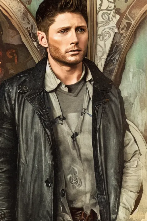 Image similar to a detailed matte portrait of an jensen ackles dressed dean in the gilmore girls, masterpiece, 8 k, art by alphonse mucha and greg rutkowski