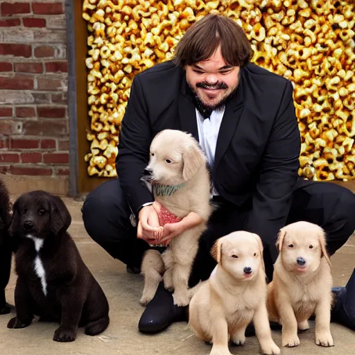 Image similar to jack black eating popcorn, surrounded by puppies, hd, laughing