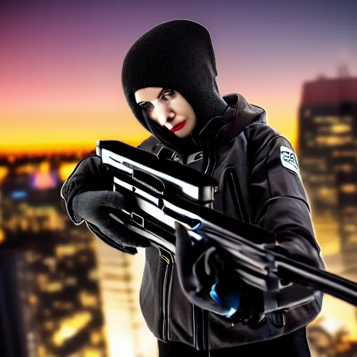 Prompt: photographic portrait of a techwear woman holding a shotgun, closeup, on the rooftop of a futuristic city at night, sigma 85mm f/1.4, 4k, depth of field, high resolution, 4k, 8k, hd, full color, Die Hard, movies with guns, movie firearms