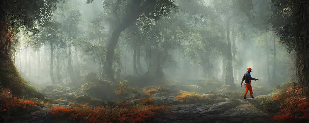 Image similar to a man in orange clothes walking through a forest, a detailed matte painting by senior matte painter, cgsociety contest winner, fantasy art, matte painting, volumetric lighting, rendered in unreal engine