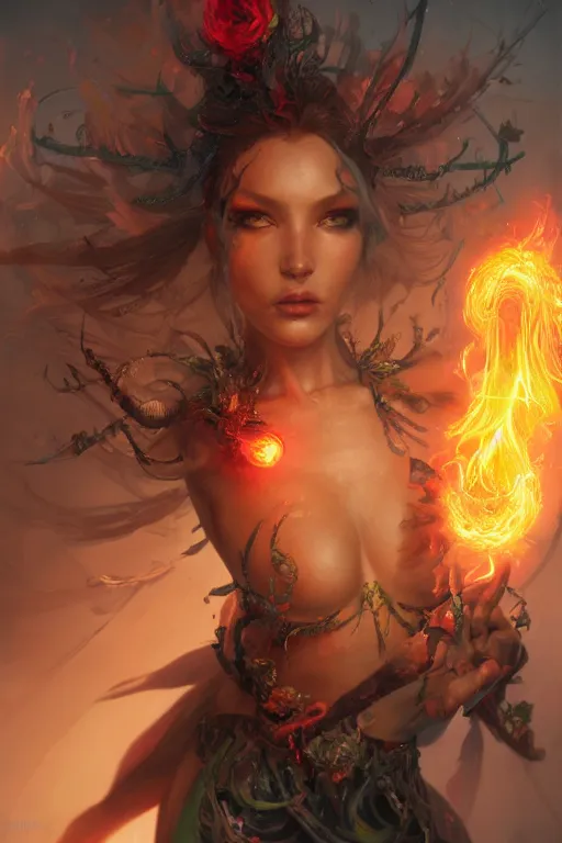 Image similar to half body closeup of beautiful girl necromancer, witch - doctor exploding into flowers, angels, 3 d render, hyper - realistic detailed portrait, holding fire and electricity, ruan jia, wlop. scifi, fantasy, magic the gathering, hyper detailed, octane render, concept art, peter mohrbacher