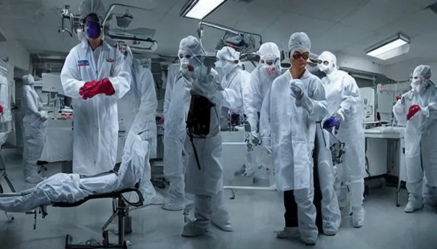 Image similar to big budget horror movie about cyborgs performing illegal organ transplants. This scene is where the beautiful female scientist first finds out about the secret medical labs hidden in the underground levels of the corporation.