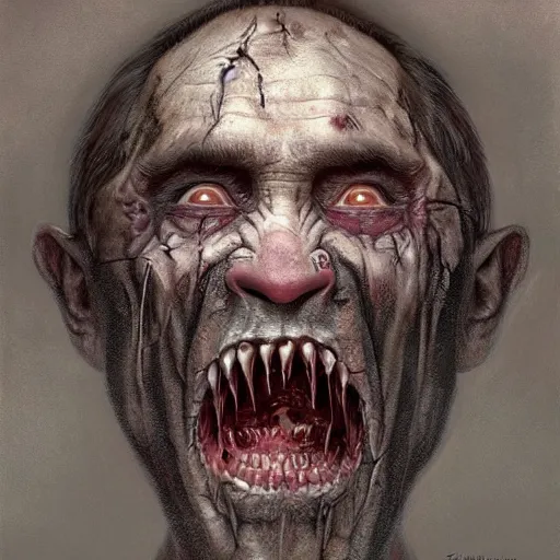 Prompt: vladimir putin, putin is bald caveman, vladimir putin awe face, toothless, saw teeth, reptile scary eyes, peeling skin, horror macabre face, clown nose, by donato giancola and greg rutkowski and wayne barlow and zdzisław beksinski, realistic face, digital art