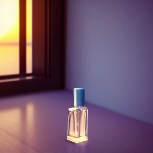 Image similar to perfume bottle on window sill in a pastel clean modern minimalist room with a view of the beach and sunset in an easter - blue room well contoured smooth fair walls, up close shot, sharp focus, zen, clean, modern minimalist, octane highly render, 4 k, ultra hd,