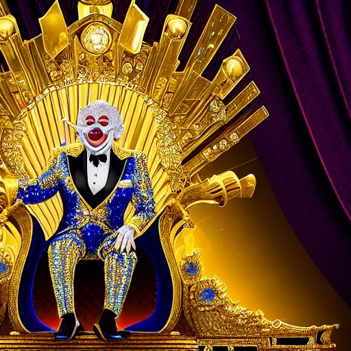 Image similar to shining giant throne made of millions of diamonds, gold and sapphires with thousands of light reflections, and a clown on a tuxedo suit is sitting on the throne while carrying an earth globe, dramatic light, digital painting, ultradetailed, artstation, oil painting