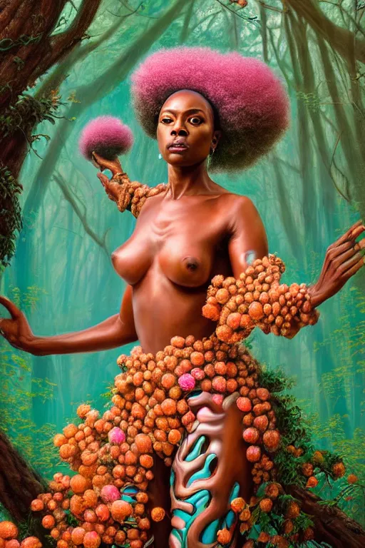 Image similar to hyperrealistic neo - rococo cinematic super expressive! yoruba goddess with exoskeleton armor, merging with tree in a forest, pink orange flowers, highly detailed digital art masterpiece, smooth cam de leon eric zener dramatic pearlescent soft teal light, ground angle hd 8 k, sharp focus