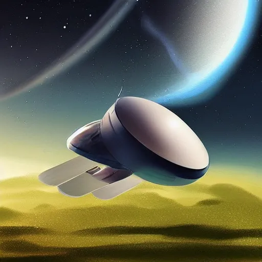 Prompt: “ small spaceship hovering over a lush green and blue planet, clouds on surface, moons in background, very detailed, sharp focus, concept art, ”