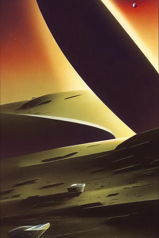 Prompt: space scene by arthur haas and bruce pennington and john schoenherr, cinematic matte painting, zaha hadid building, dark moody color palate,