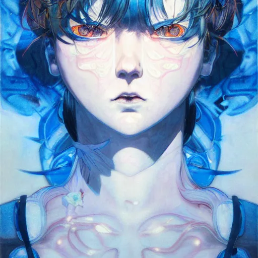 Image similar to prompt : blue portrait soft light painted by james jean and katsuhiro otomo and erik jones, inspired by evangeleon anime, smooth face feature, intricate oil painting, high detail illustration, sharp high detail, manga and anime 1 9 9 0