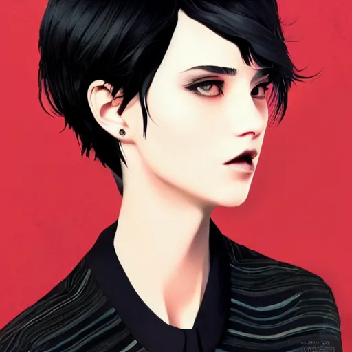 Image similar to girl in tuxedo with black chaotic wavy short haircut, elegant, 2d, ultra highly detailed, digital painting, smooth, sharp focus, artstation, art by Ilya Kuvshinov