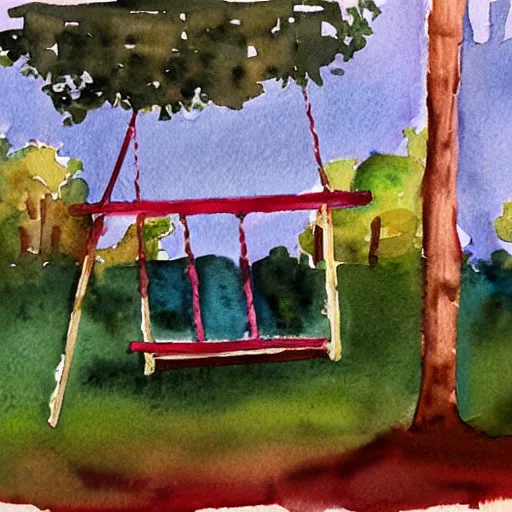 Image similar to watercolor. a swing set with a child enjoying themselves. blurry. visible brushstrokes.