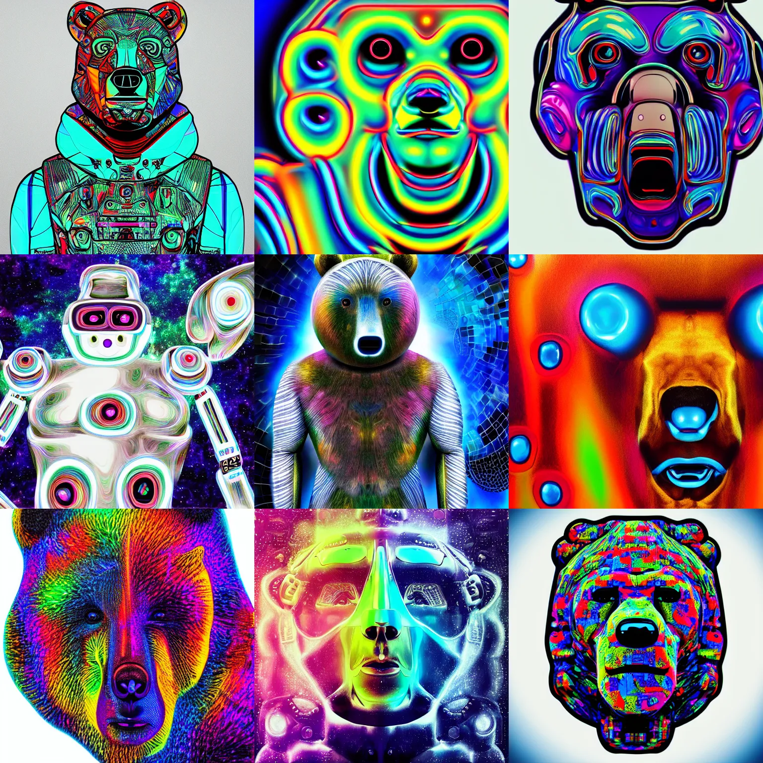 Prompt: Psychedelic futuristic robotic human bear; side on portrait with white background; photo realistic