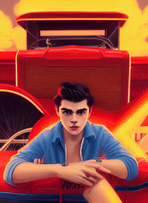 Image similar to teenage archie andrews, in a red ford model t, intricate, elegant, glowing lights, highly detailed, digital painting, artstation, sharp focus, illustration, art by wlop, mars ravelo and greg rutkowski