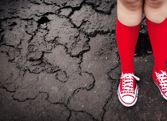 Prompt: side view of the legs of a woman sitting on a curb, short pants, wearing red converse shoes, wet aslphalt road after rain, blurry background, sigma 8 5 mm